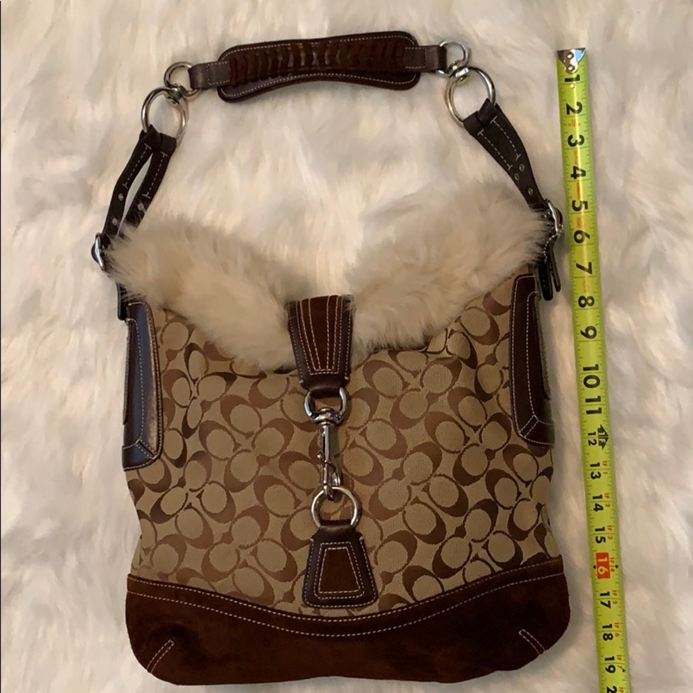 Brown Signature Coach Shoulder Bag with Fur